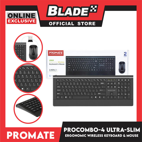 Promate Wireless Keyboard and Mouse, Ultra-Slim Ergonomic 2.4 GHz ProCombo-4 (Black) Innovation And Excellence