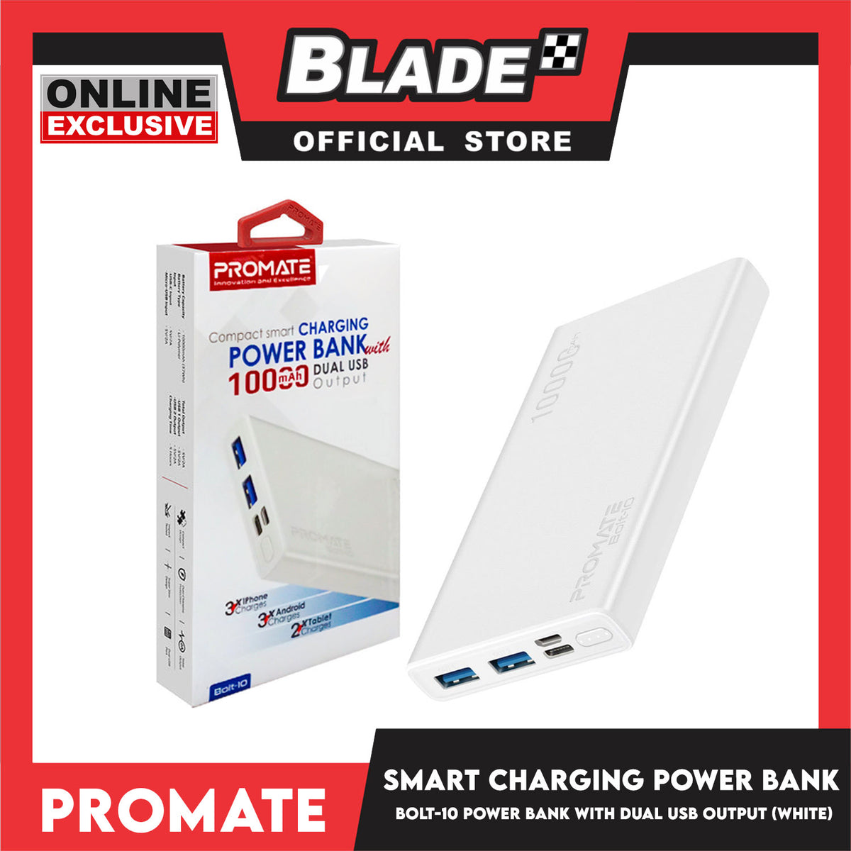 Promate Compact Smart Charging Power Bank With 10000mAh Dual USB Output Bolt-10 (White) Innovation And Excellence