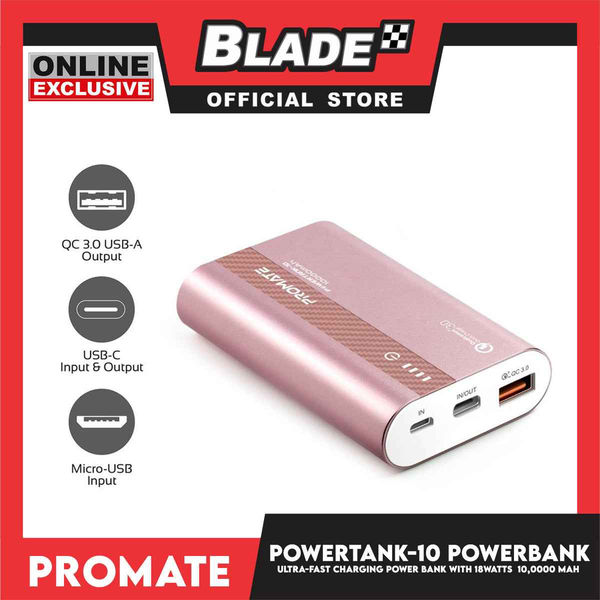 Promate Ultra-Fast Charging Power Bank 10000mAh With 18Watts Power Delivery and QC 3.0 (Rose Gold) PowerTank-10 Innovation And Excellence