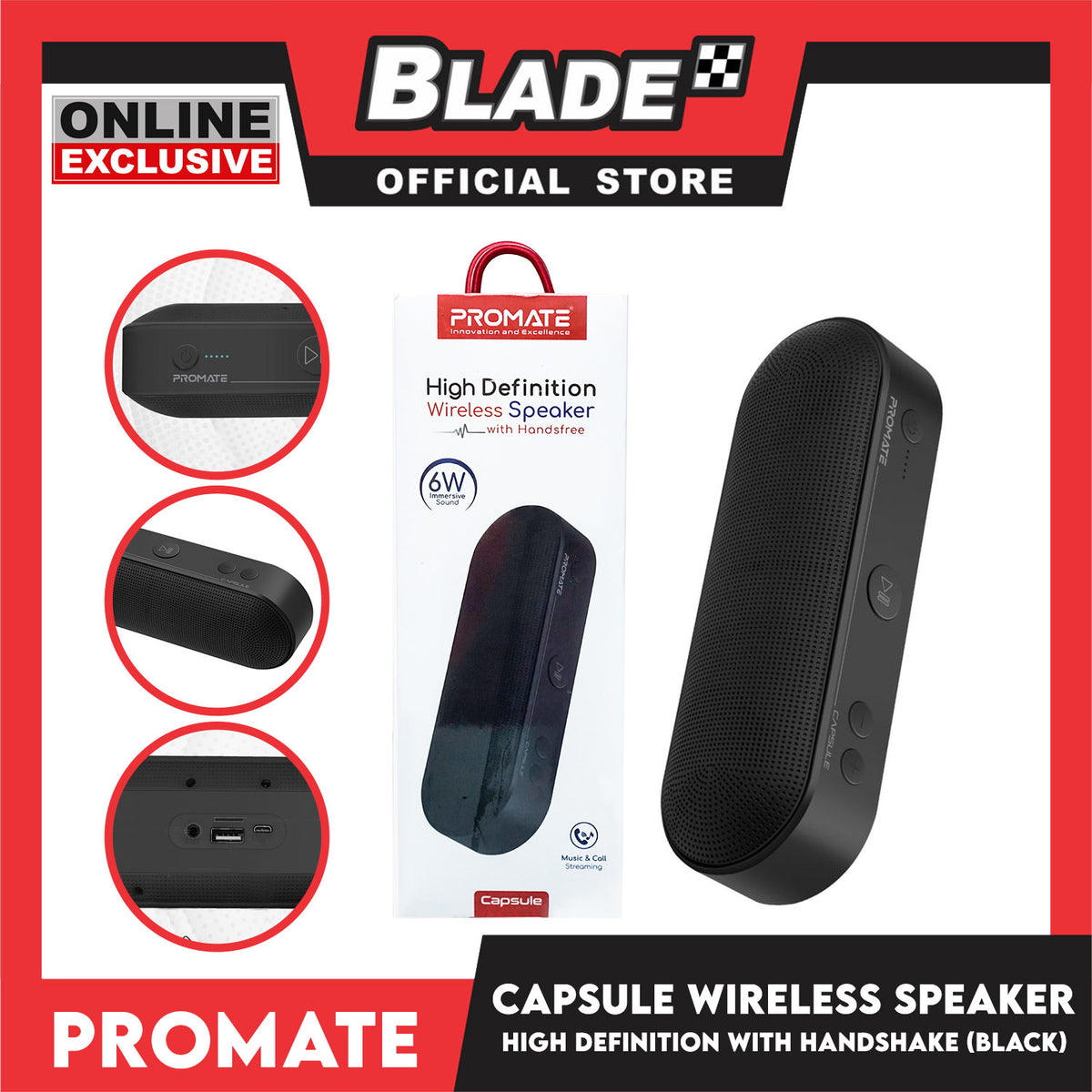 Promate High Definition Wireless Speaker With Handsfree 6W Immersive Sound, Capsule (Black) Innovation And Excellence