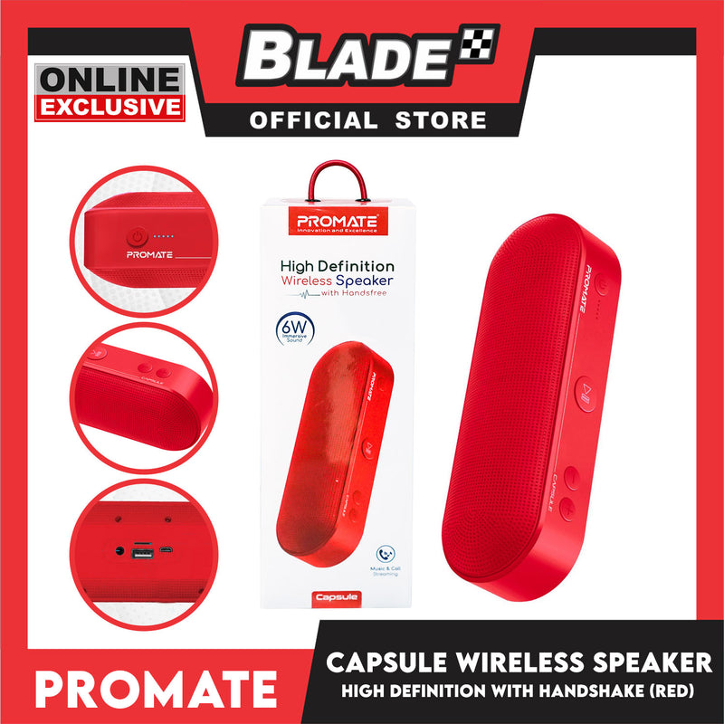 Promate High Definition Wireless Speaker With Handsfree 6W Immersive Sound, Capsule (Red) Innovation And Excellence