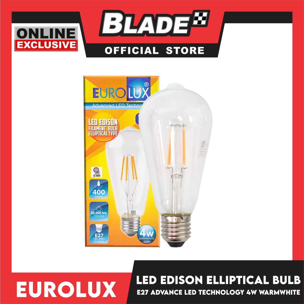 Eurolux Led Bulb Edison Filament Elliptical Type 4w (Warm White) 2200K E-27 50/60Hz