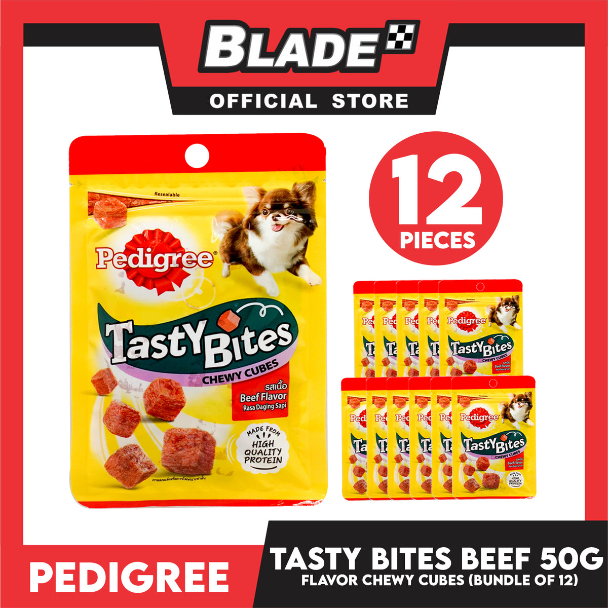 12pcs Pedigree Tasty Bites Chewy Cubes Beef Flavor 50g