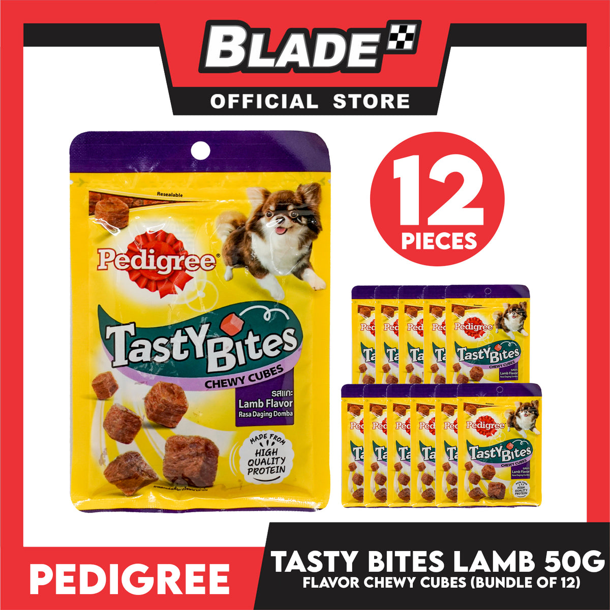 12pcs Pedigree Tasty Bites Chewy Cubes Lamb Flavor 50g