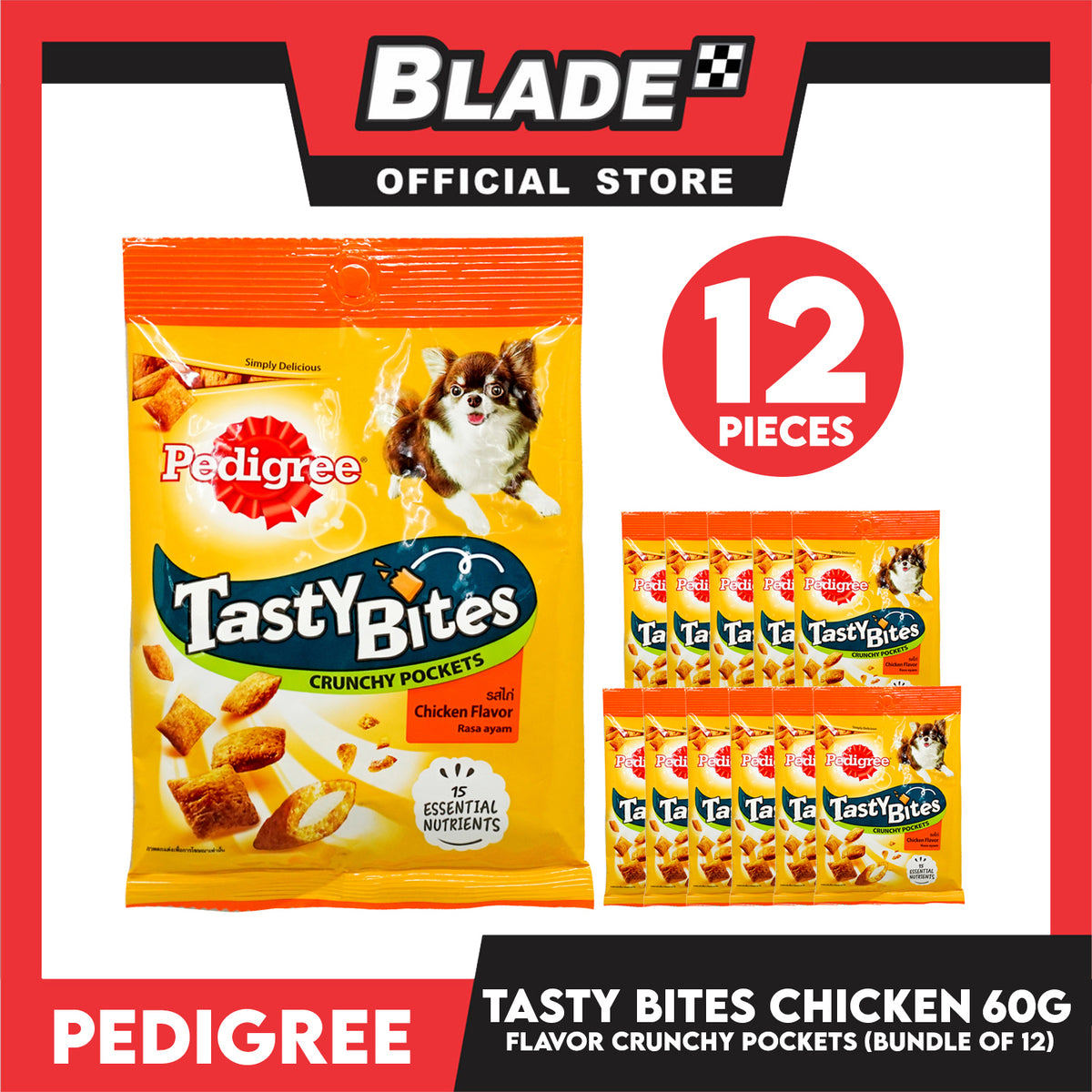 12pcs Pedigree Tasty Bites Crunchy Pockets Chicken Flavor 60g