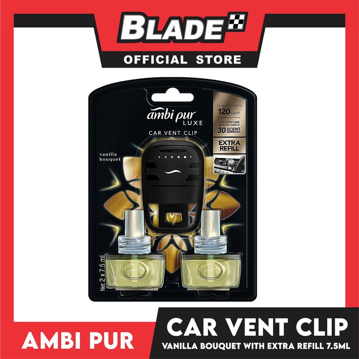 Ambi Pur Luxe Car Vent Clip with Extra Refill 7.5ml x 2 Vanilla Bouquet