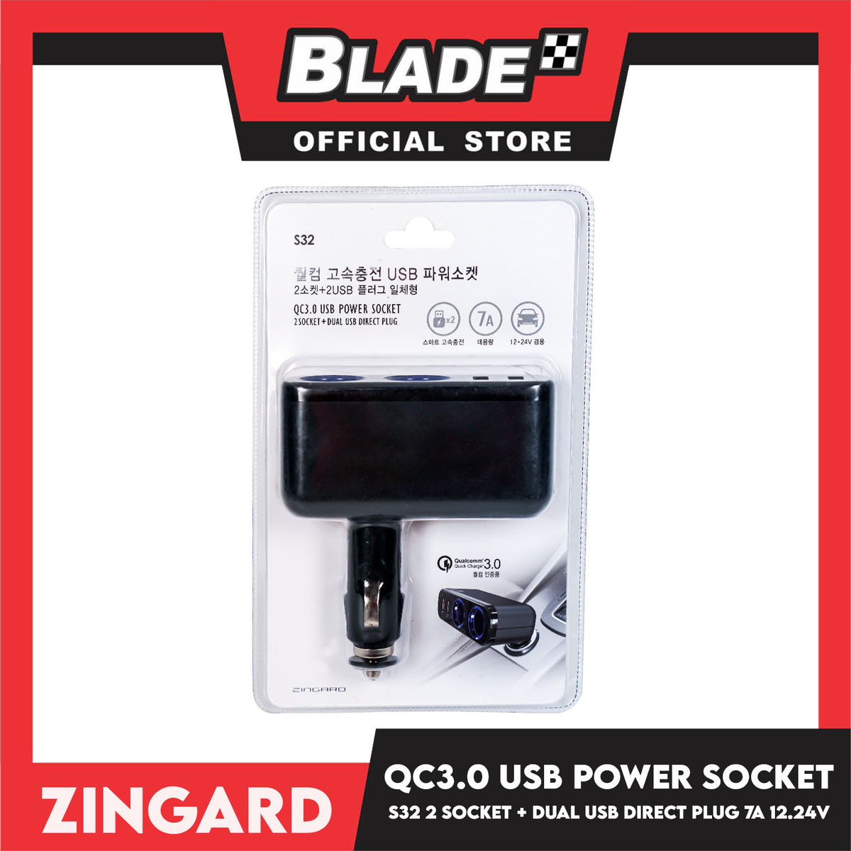 Zingard QC3.0 USB Power Socket 2 Socket + Dual USB Direct Plug S32 12-24V (Black) Car Charger Socket