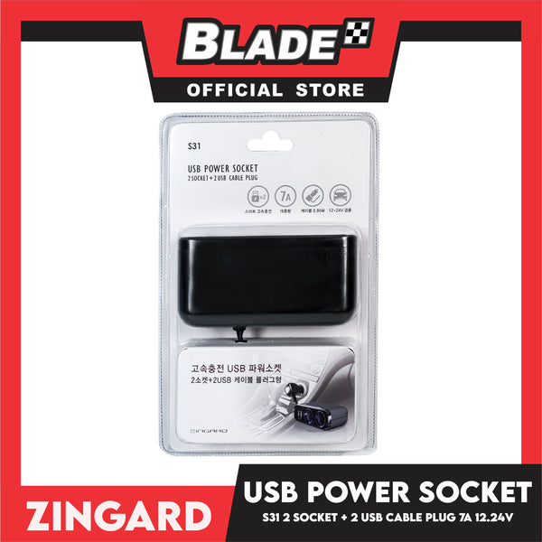Zingard USB Power Socket 2 Socket + 2 USB Cable Plug S31 12-24V (Black) Car Charger Socket