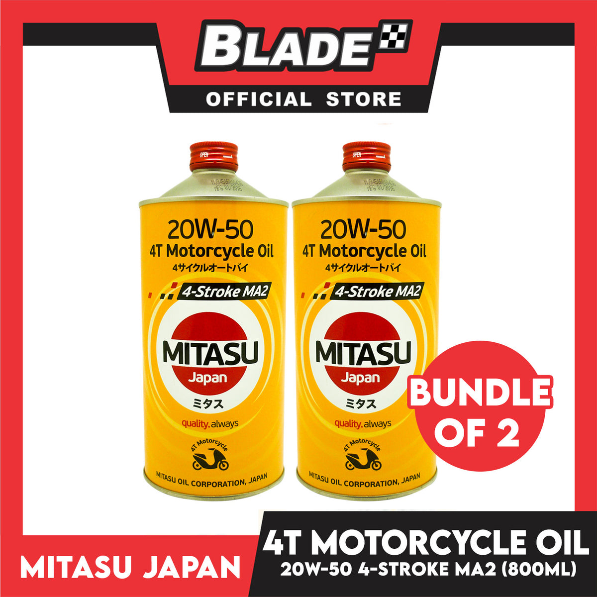 2pcs Mitasu Motorcycle Oil 4T 20W-50 API SL/ JASO MA2 MJ945 800ml for Motorcycle Engine