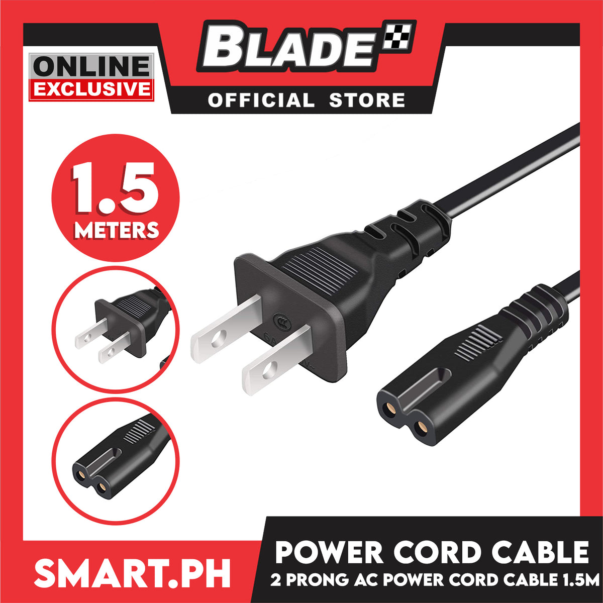 1.5 Meters AC Power Cord Cable 2-Prong