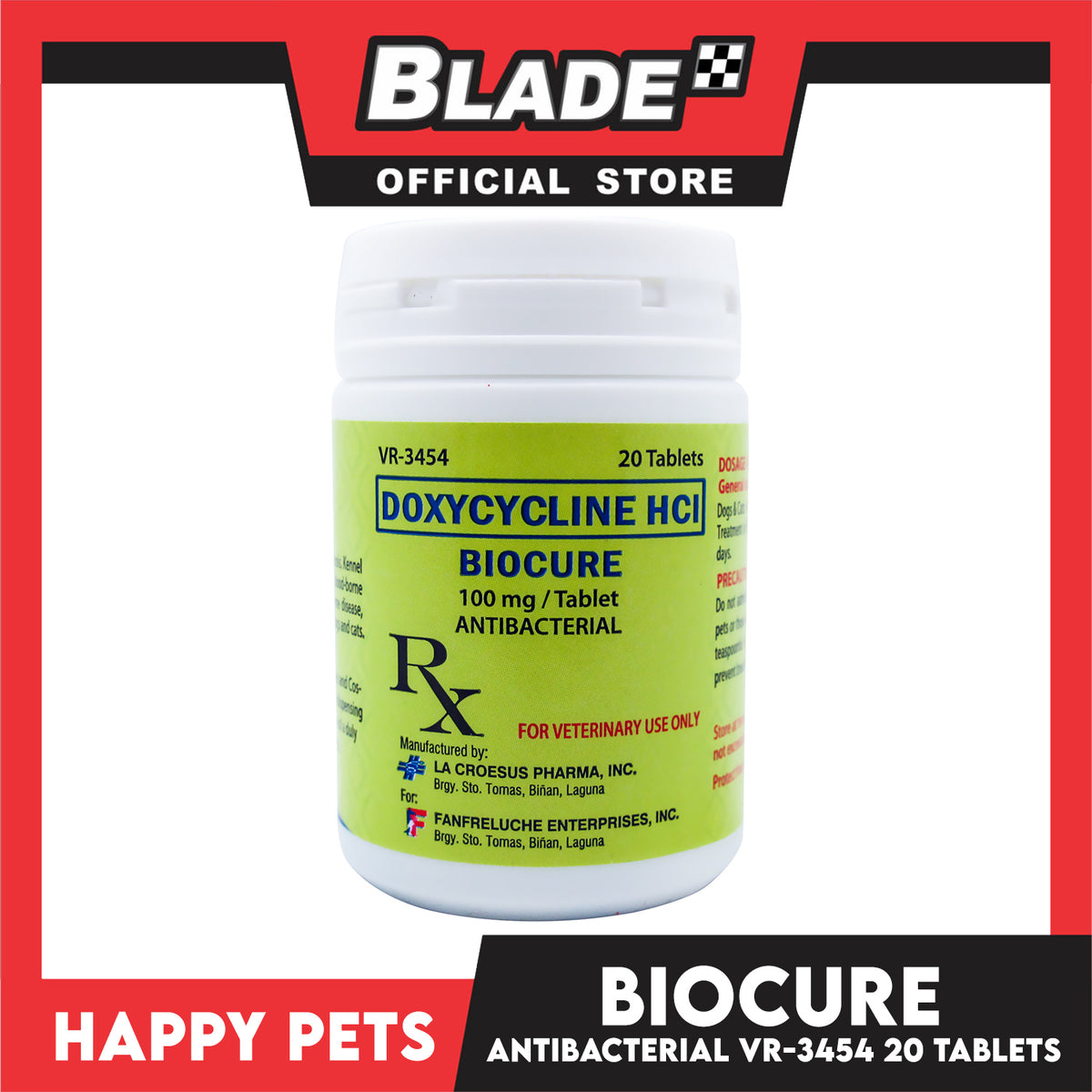 Happy Doxycycline HCI Biocure 100mg 20 Tablet for Pets Antibacterial
