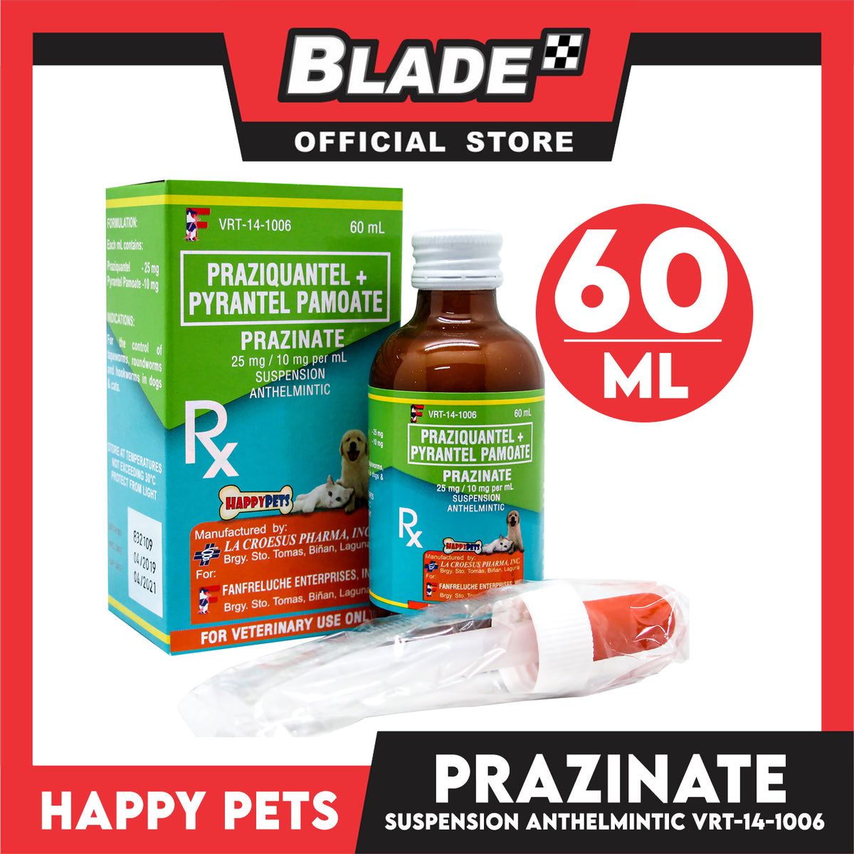 Happy Pets Prazinate Praziquantel + Pyrantel Pamoate Suspension Anthelmintic 60ml VRT-14-1006 for Dogs and Cats