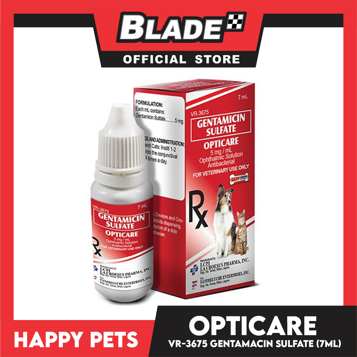 Happy Pets Opticare Gentamicin Sulfate 7ml VR-3675 for Dogs and Cats Eye Drops