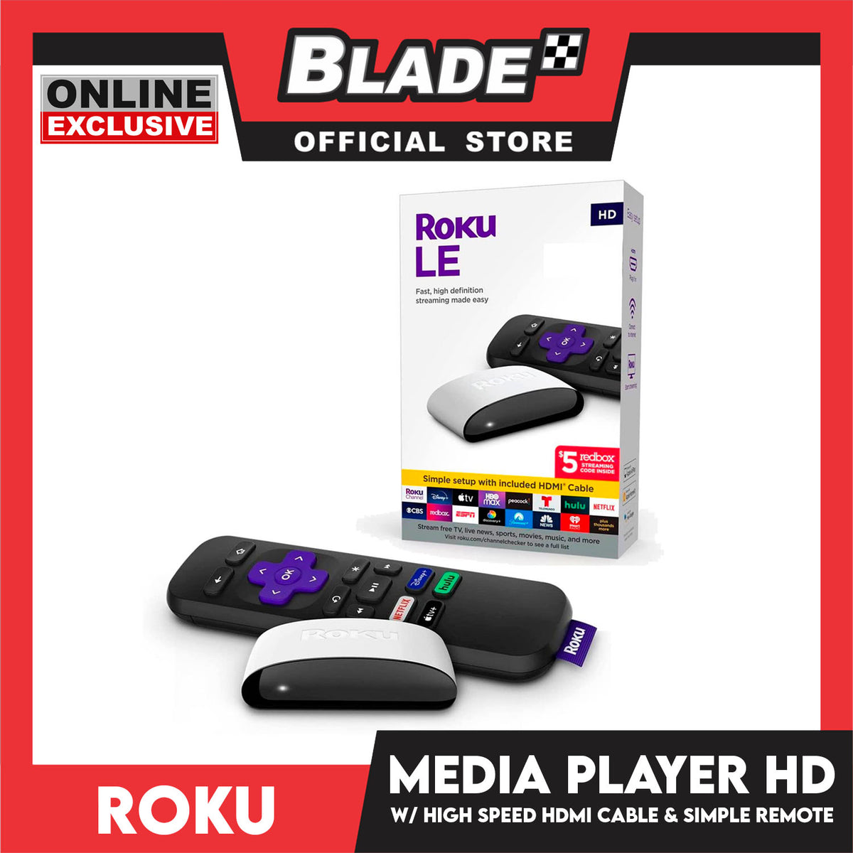 Roku LE HD Streaming Media Player with High Speed HDMI Cable and Simple Remote