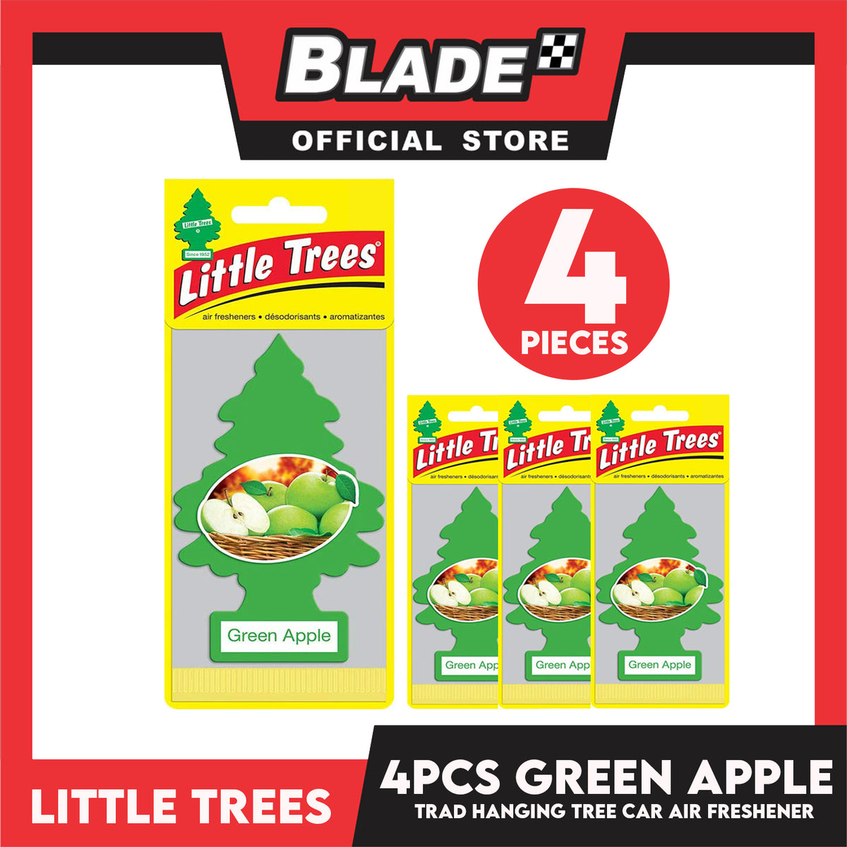 4pcs Little Trees Car Air Freshener 10316 (Green Apple) Hanging Tree Provides Long Lasting Scent