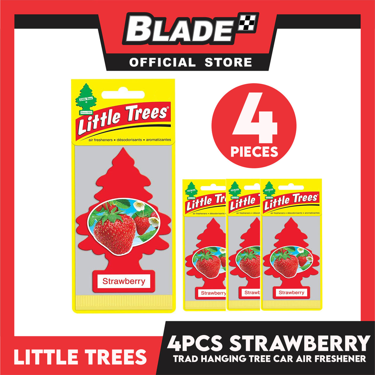4pcs Little Trees Car Air Freshener 10312 (Strawberry) Hanging Tree Provides Long Lasting Scent
