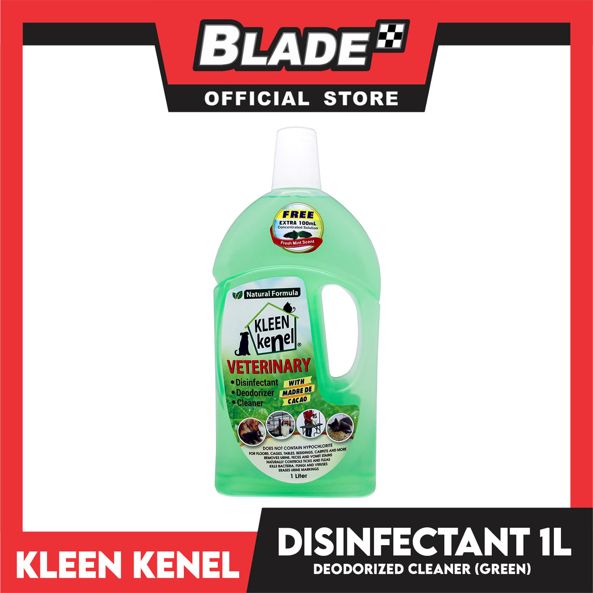 Kleen Kenel Pet Disinfectant Deodorizer Cleaner With Madre De Cacao 1 Liter (Fresh Mint Scent)