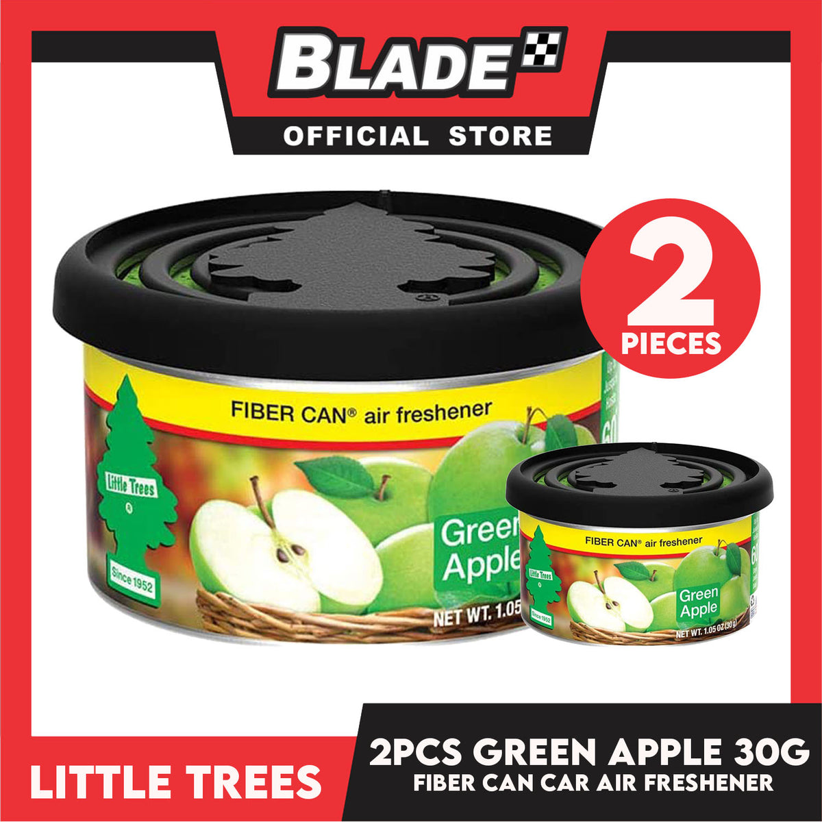 2pcs Little Trees Fiber Can Air Freshener 30g (Green Apple) Provides a Long-Lasting Scent for Auto