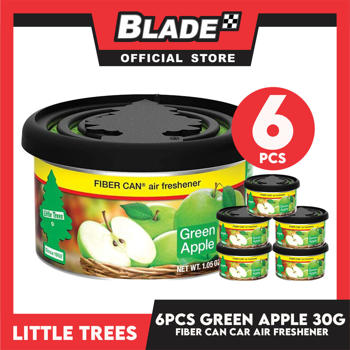 6pcs Little Trees Fiber Can Air Freshener 30g (Green Apple) Provides a Long-Lasting Scent for Auto