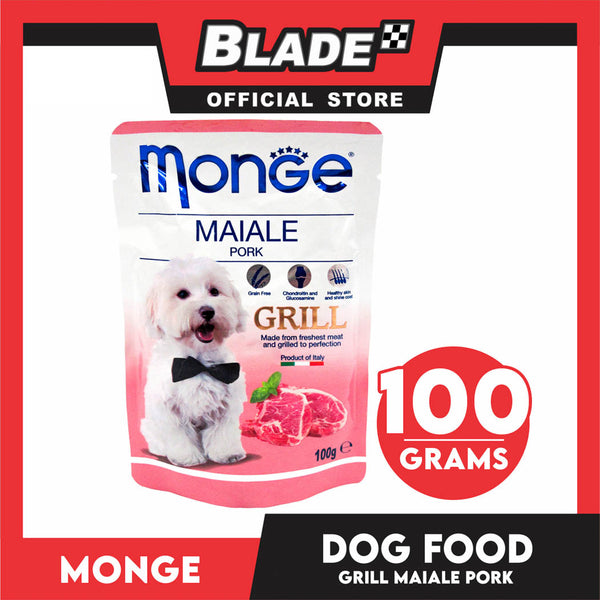 Monge Pouch Grill Chunkies Dog Food 100g (Maiale Pork) Grain Free And Helps Dog Shiny Hair