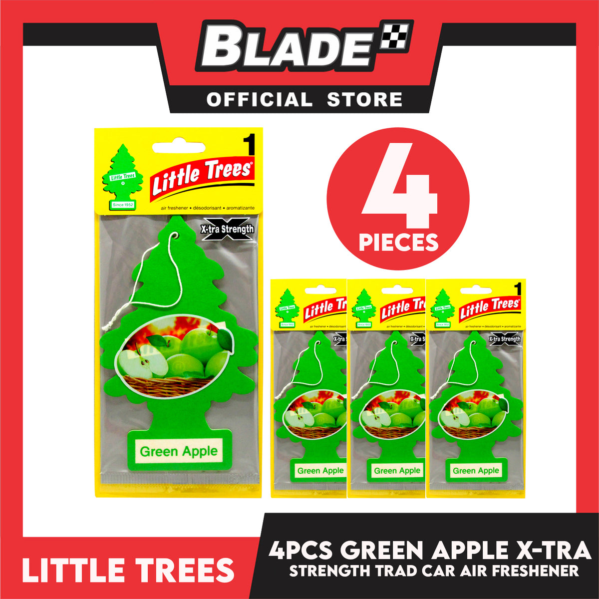 4pcs Little Trees Car Air Freshener X-tra Strength 10616 (Green Apple) Hanging Tree Provides Long Lasting Scent