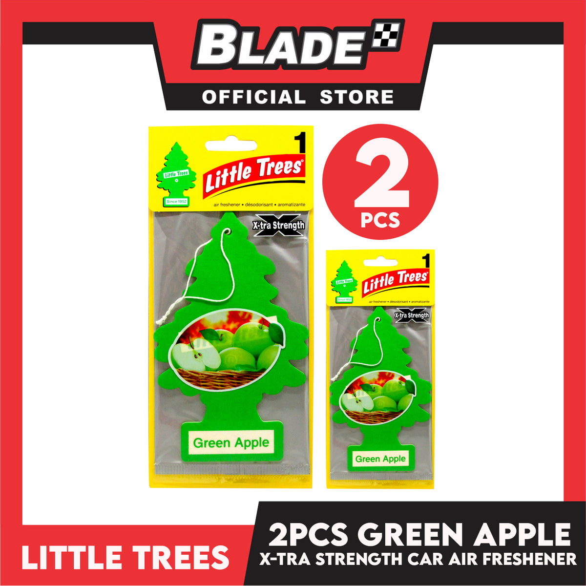2pcs Little Trees Car Air Freshener X-tra Strength 10616 (Green Apple) Hanging Tree Provides Long Lasting Scent