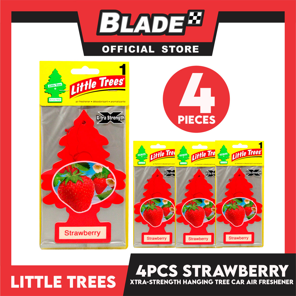 4pcs Little Trees Car Air Freshener X-tra Strength 10612 (Strawberry) Hanging Tree Provides Long Lasting Scent