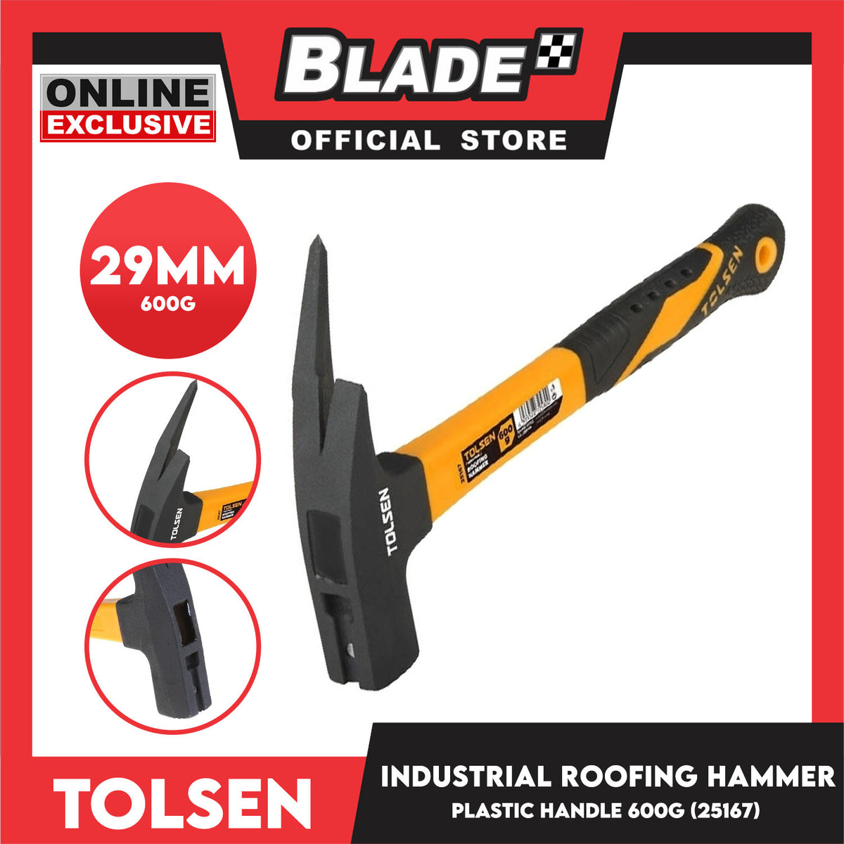 Tolsen 600g Industrial Roofing Hammer Plastic Handle (Black and Yellow) 25167