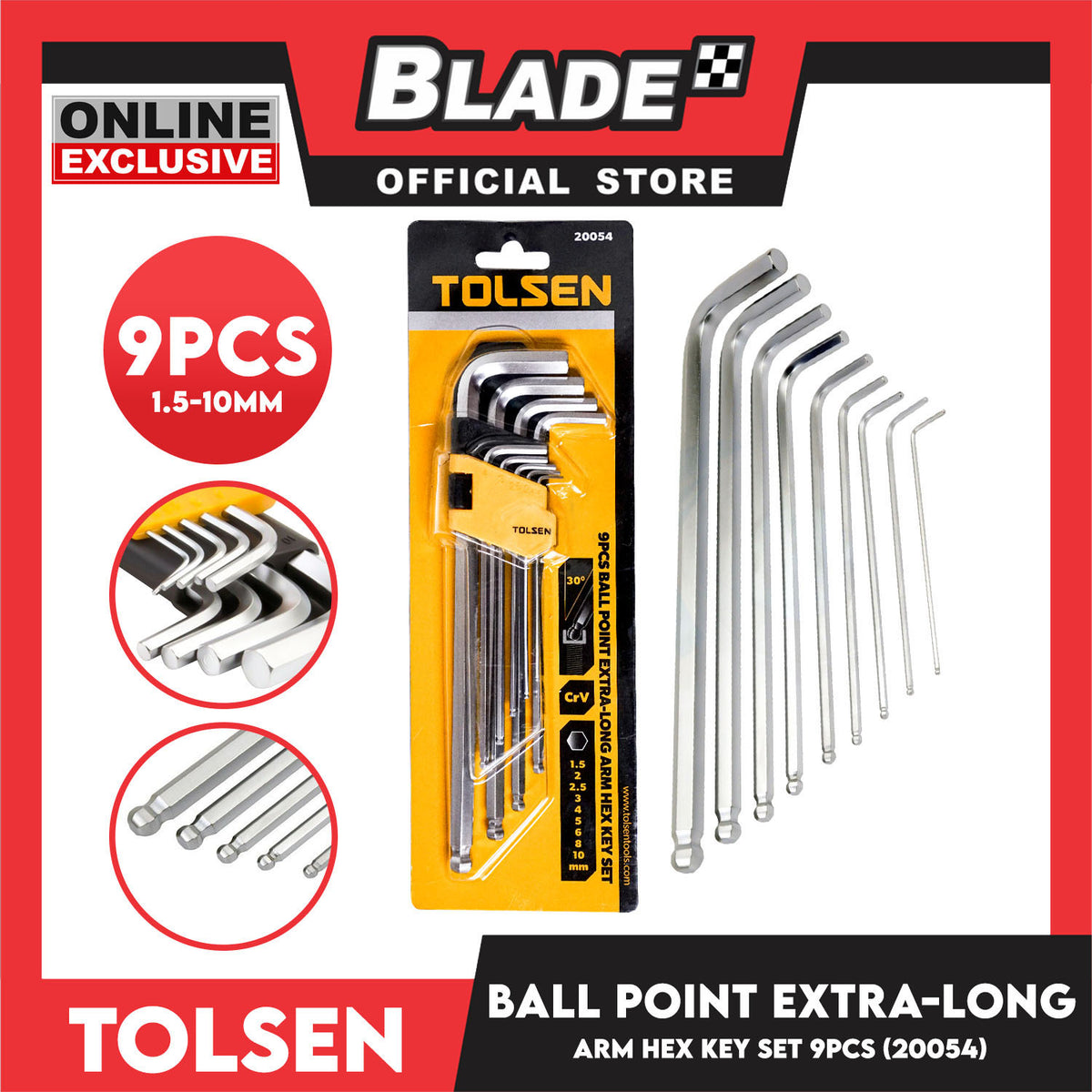 Tolsen 9pcs Ball Point Extra-Long Arm Hex Key Set 20054