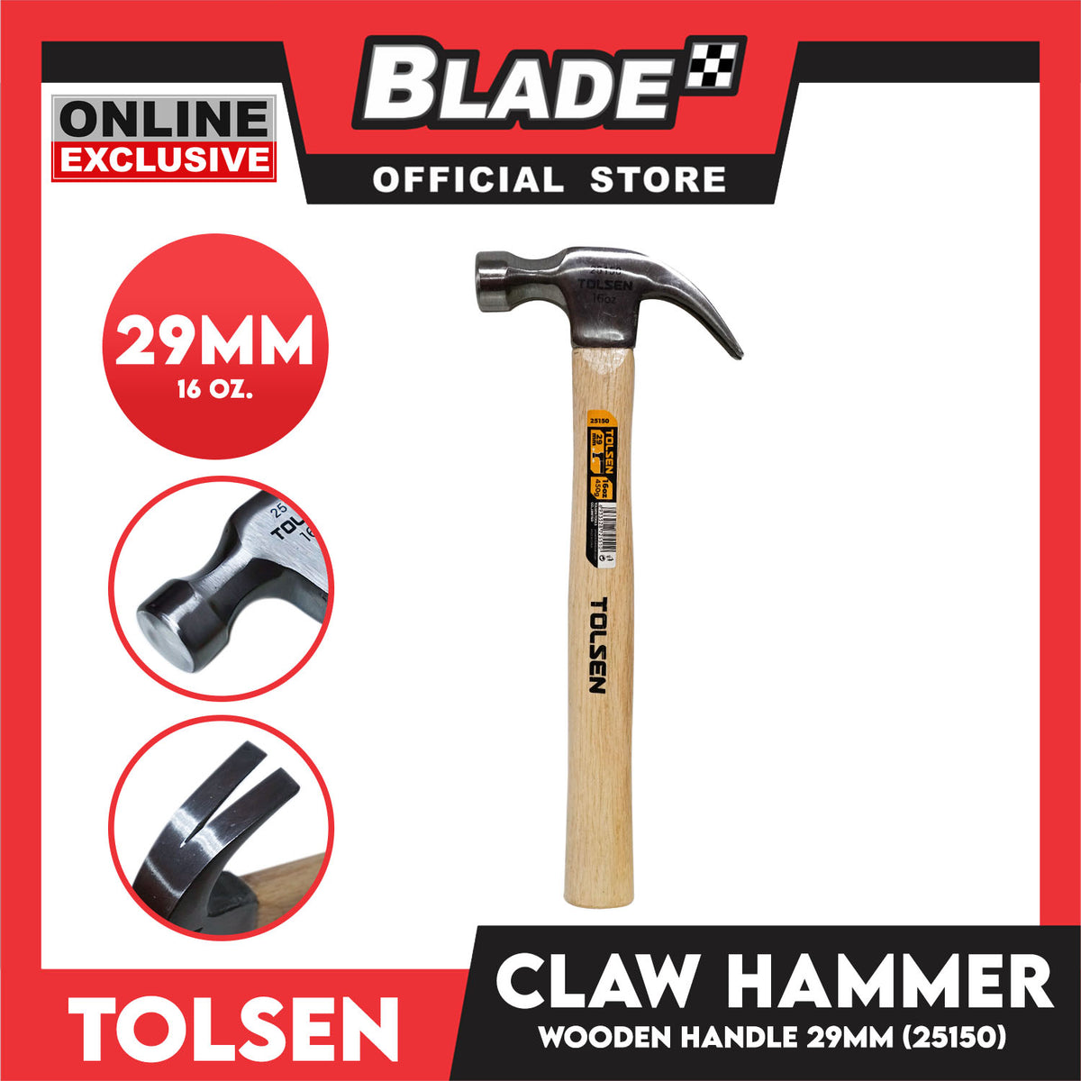 Tolsen 29mm Claw Hammer With Wooden Handle 25150