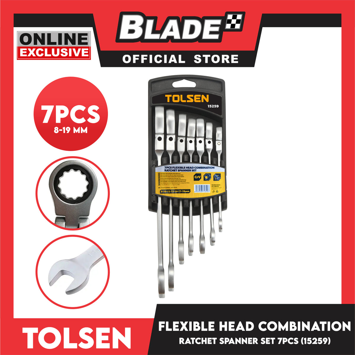 Tolsen 7pcs Flexible Head Combination Ratchet Spanner Set 15259
