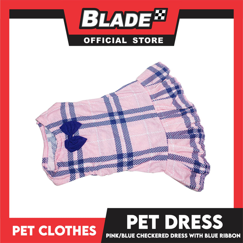 Pet Dress Pink/Blue Checkered Dress with Blue Ribbon (Medium) Perfect Fit for Dogs and Cats