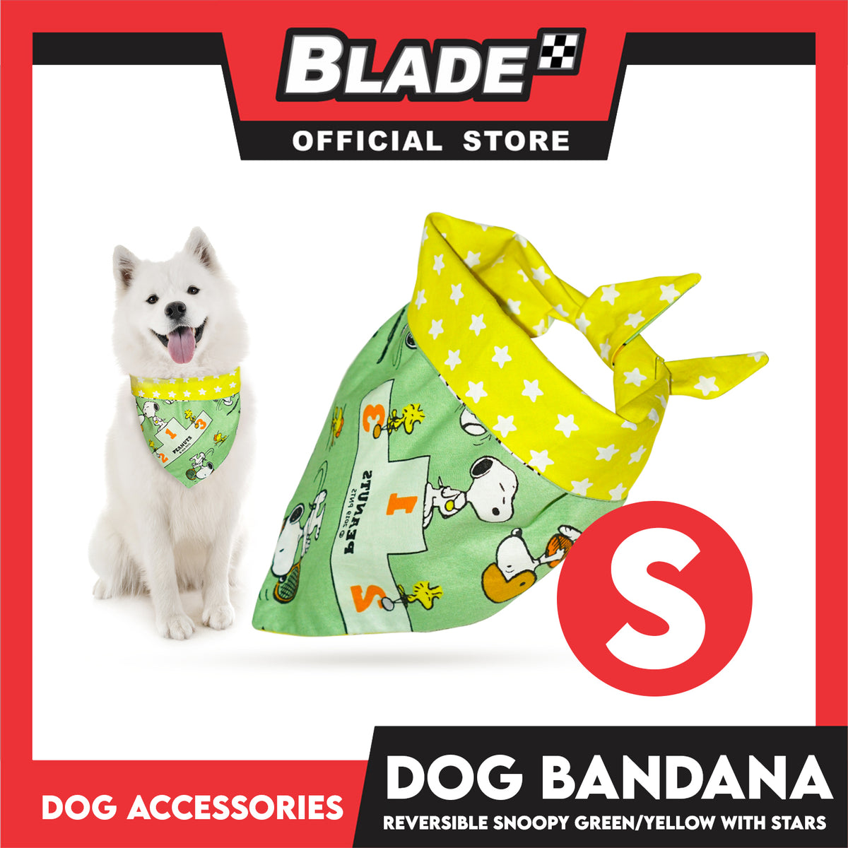 Dog Pet Bandana (Small) Reversible Snoopy Green/Yellow with Stars Washable Scarf