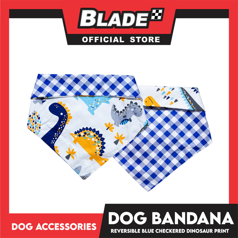 Dog Pet Bandana (Medium) Reversible Blue Checkered Dinosaur Print Washable Scarf