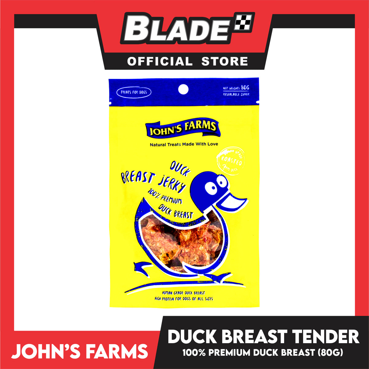 John's Farms Dog Food, High Protein For Dogs Of All Sizes, Resealable Zipper 80g (Duck Breast Jerky) Dog Treats