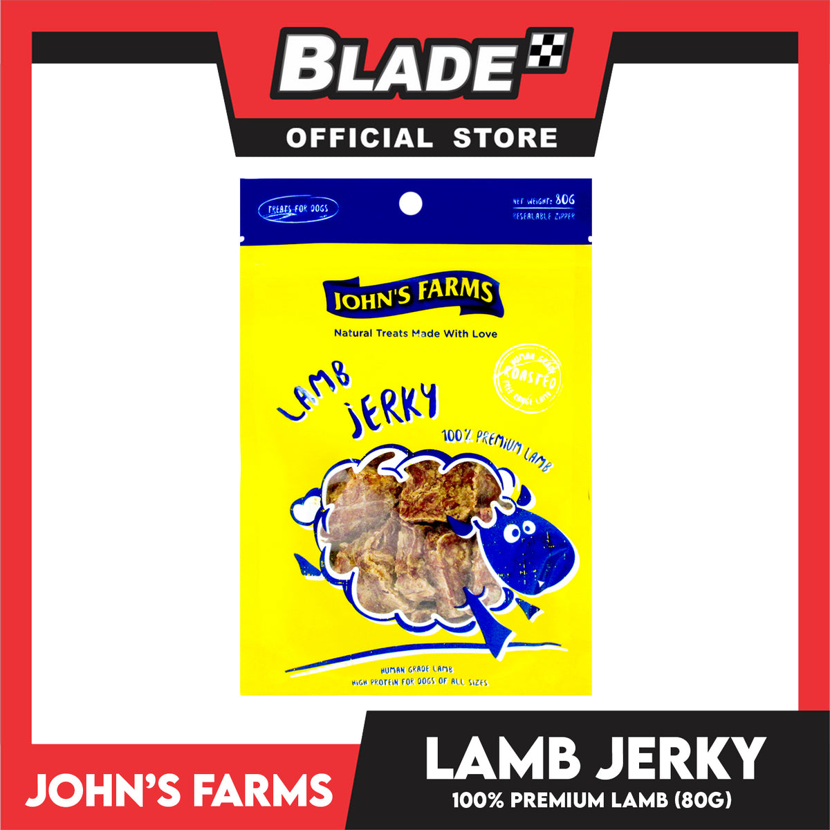 John's Farms Dog Food, High Protein For Dogs Of All Sizes, Resealable Zipper 80g (Lamb Jerky) Dog Treats