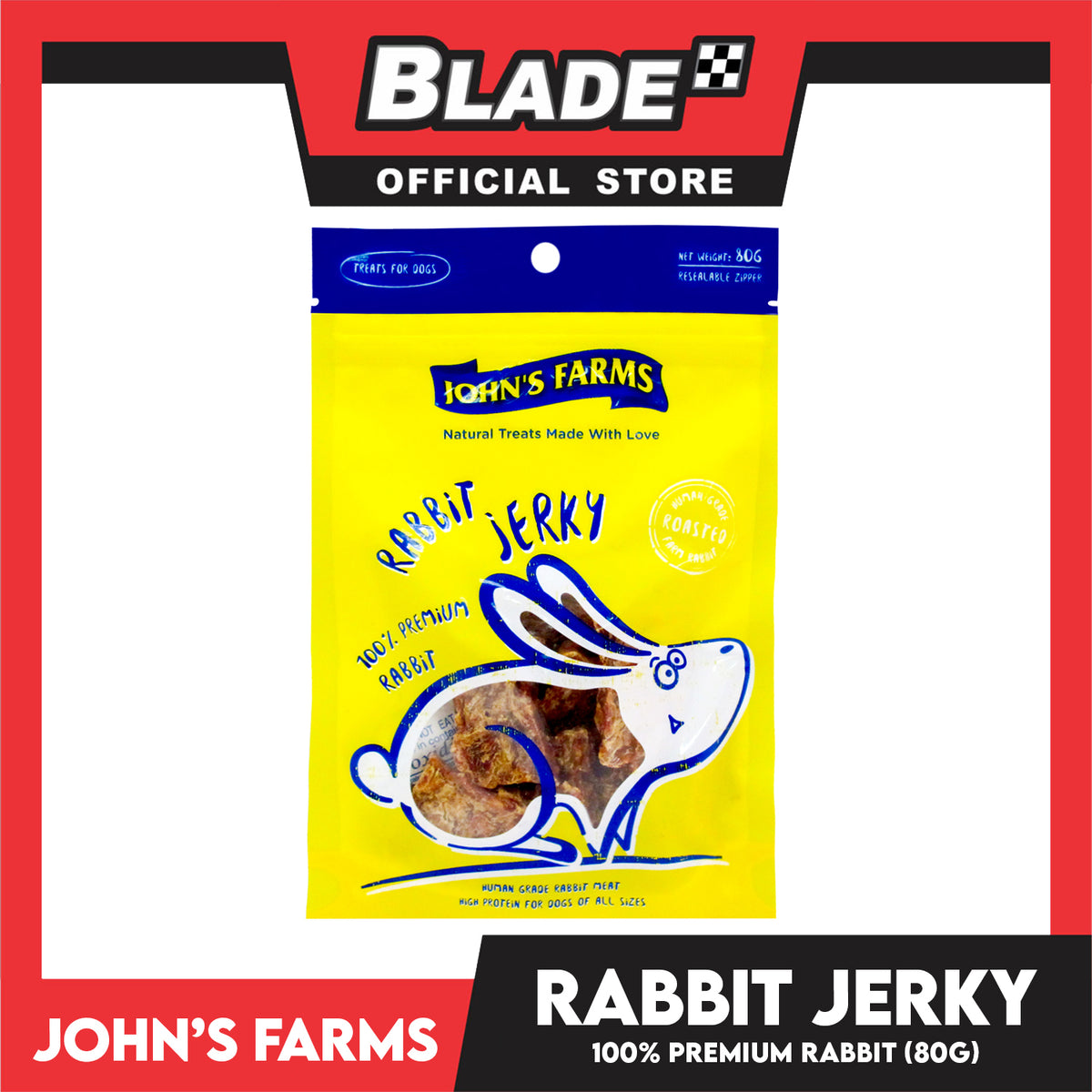 John's Farms Dog Food, High Protein For Dogs Of All Sizes, Resealable Zipper 80g (Rabbit Jerky) Dog Treats