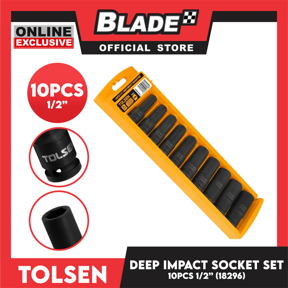 Tolsen 10pcs 1/2' ' Deep Impact Socket Set Industrial 18296