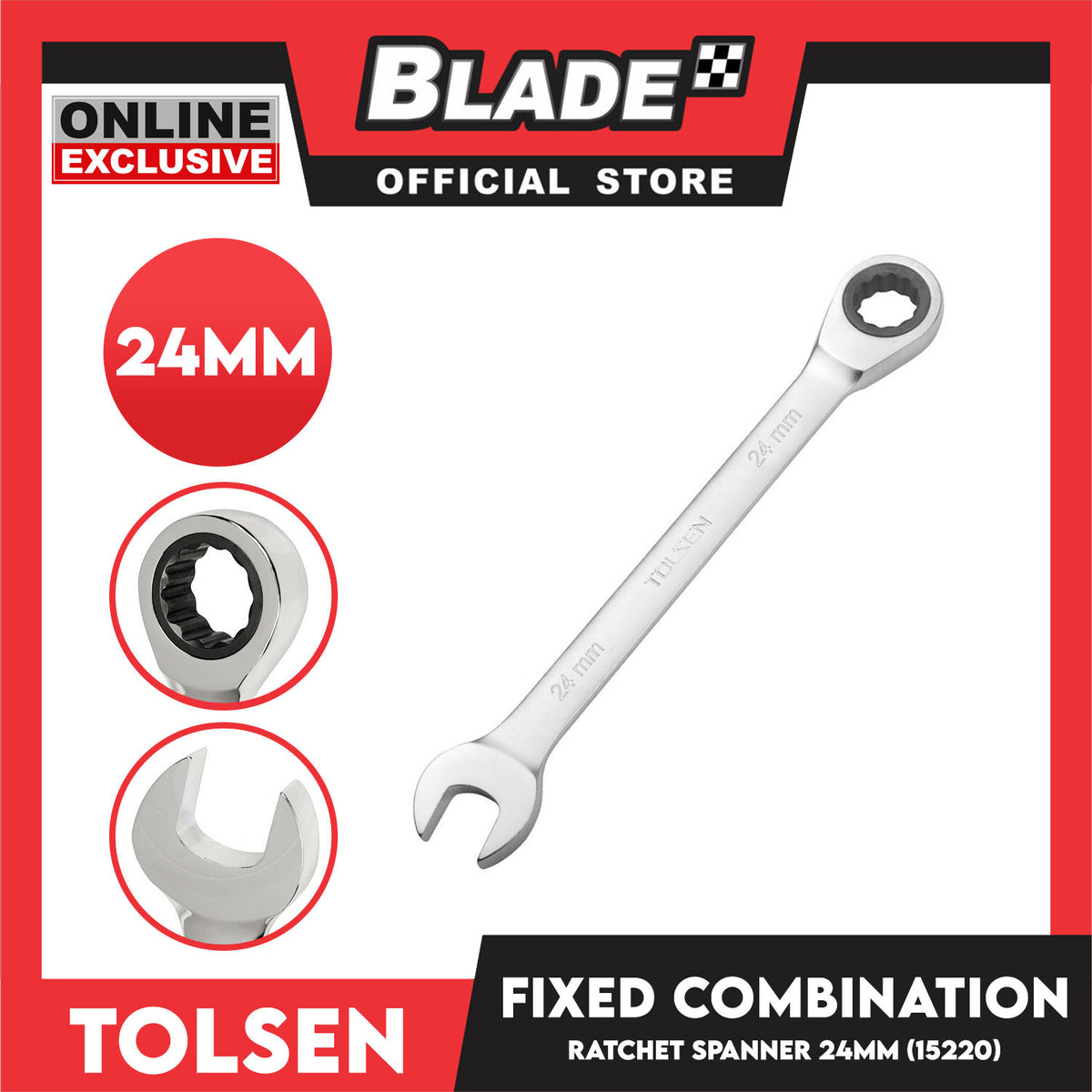 Tolsen Fixed Combination Rachet Spanner 24mm Chrome Plated And Satin Finish 15220