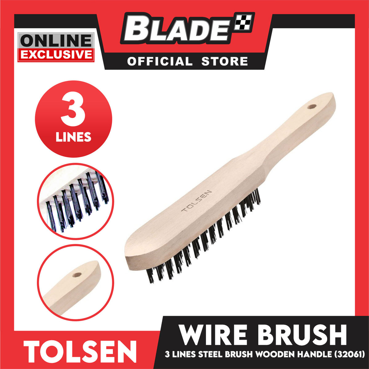 Tolsen 3mm x 29mm Wire Brush 3 Lines Steel Brush Wooden Handle 32061