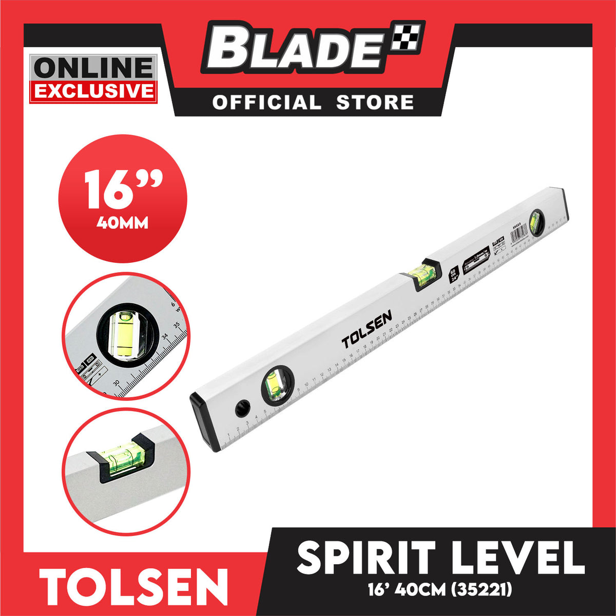 Tolsen Spirit Level 40cm, 16' ' Metric Scale With 3 Bubbles, Aluminium Frame 35221