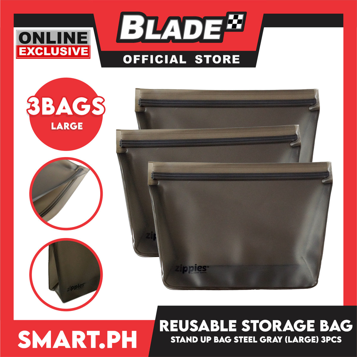 3pcs Large Zippies Reusable Standup Storage (Steel Grey) BPA Free, Practical, Versatile And Functional
