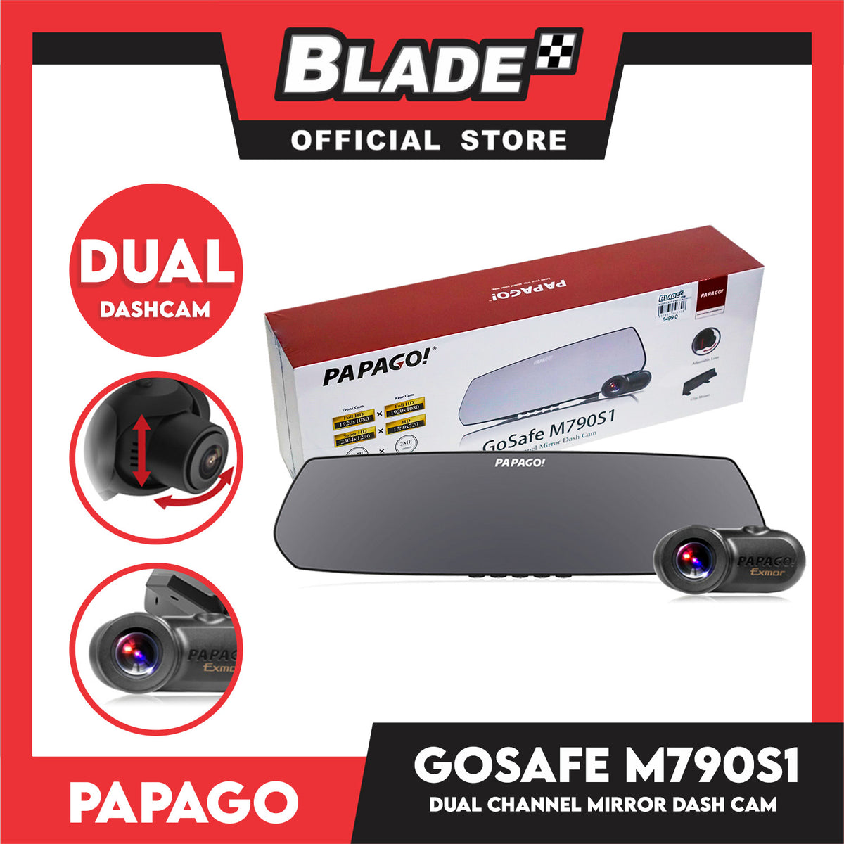 Papago! Car DVR Go Safe M790S1 Dual Channel Mirror Dash Camera, Full HD 1920 x 1080 Front And Rear Camera, Adjustable Lens And Clip Mount, Super HD 2304 x 1296