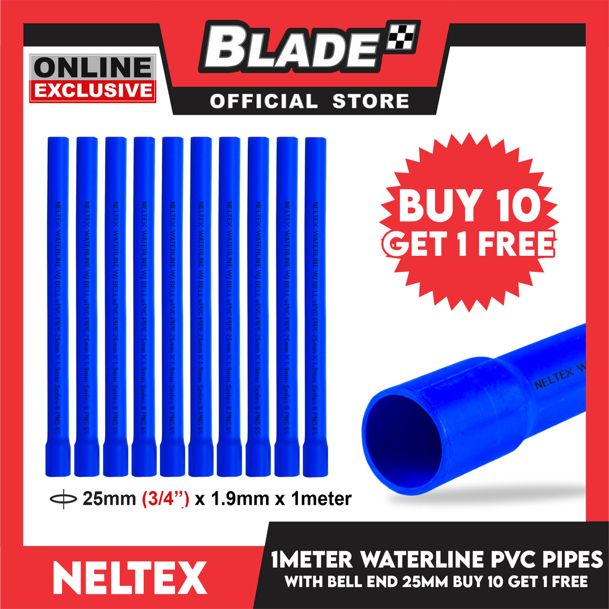 Buy 10 Get 1 Free Neltex PVC Waterline Pipe with Bell 25mm x 1meter (Blue Pipe)