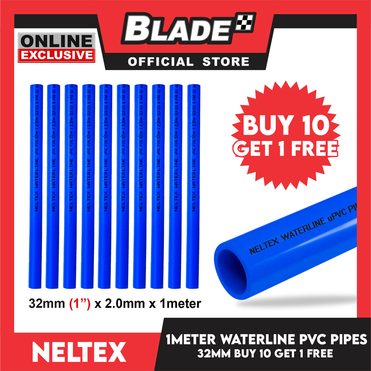 Buy 10 Get 1 Free Neltex PVC Waterline Pipe 32mm x 1meter (Blue Pipe)