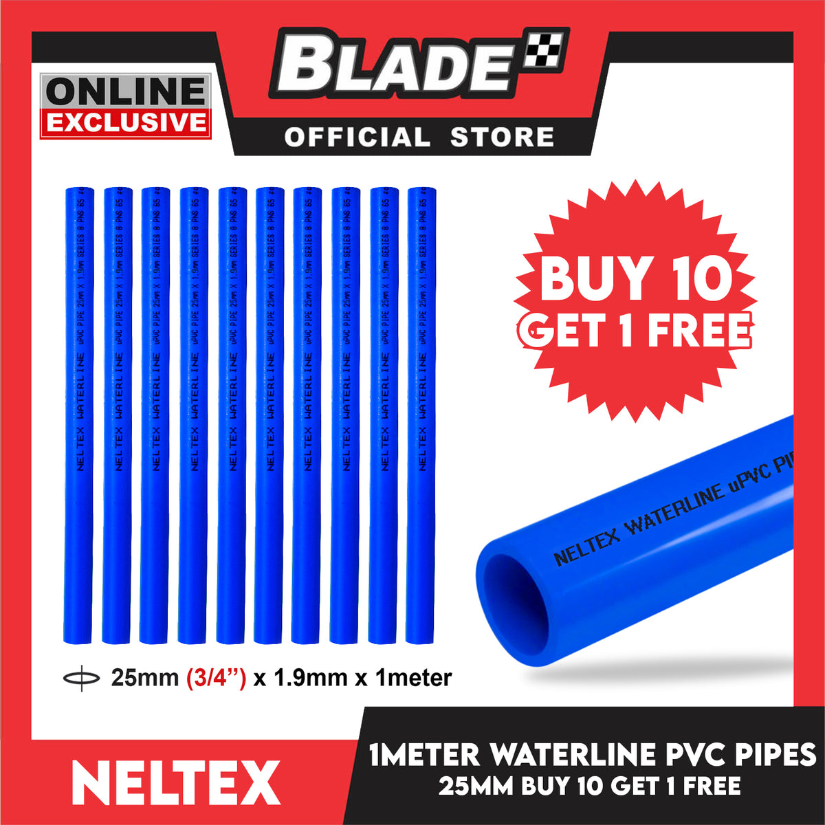 Buy 10 Get 1 Free Neltex PVC Waterline Pipe 25mm x 1meter (Blue Pipe)