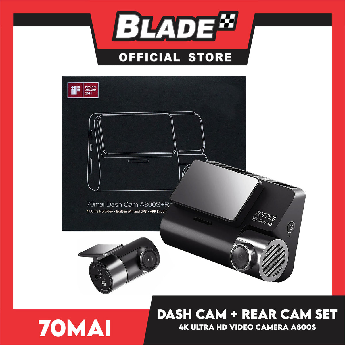 70mai Dash Cam 4K A800S + Rear Cam Set 3840 x 2160 Resolution (Black) 4K Ultra HD Video, Built-In Wifi And GPS , App Enabled, Rear Camera