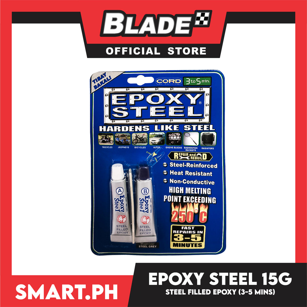 Cord Epoxy Steel Hardens Like Steel 15g Fast Repairs In 3-5 Minutes (Mixed Color Steel Grey)