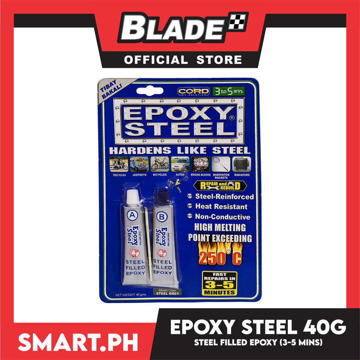 Cord Epoxy Steel Hardens Like Steel 40g Fast Repairs In 3-5 Minutes (Mixed Color Steel Grey)