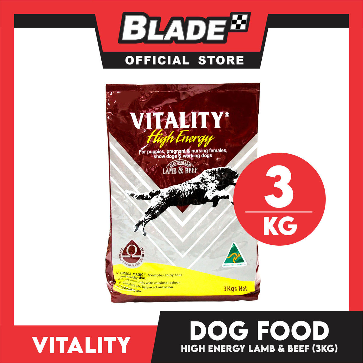 Vitality High Energy Dog Food 3kg Super Premium Dog Food For Puppies, Pregnant And Nursing Females, Show Dogs And Working Dogs (Lamb And Beef) Dog Food, Dog Dry Food